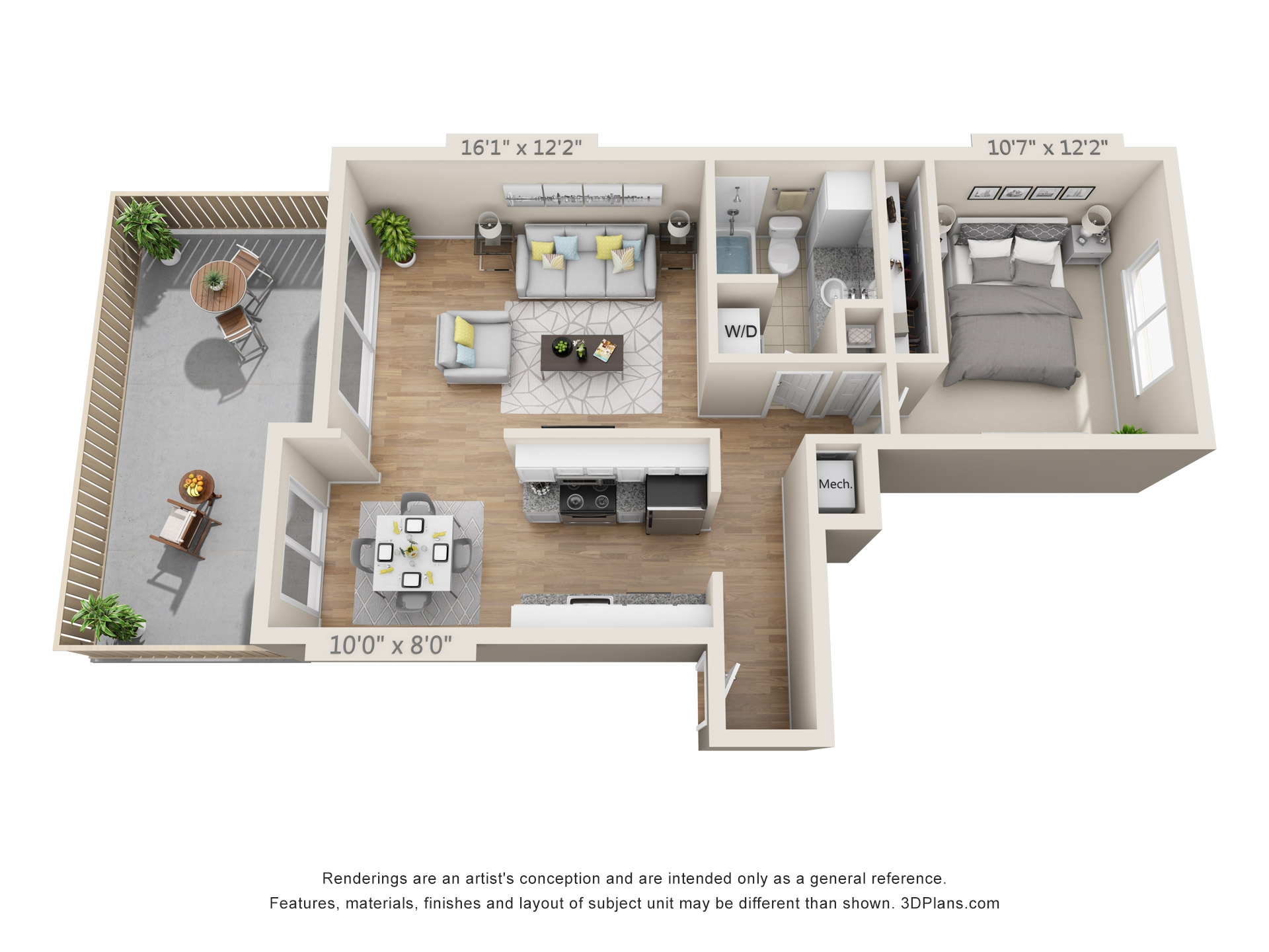 Floor plan for 1 bed, 1 bath, 705 sqft